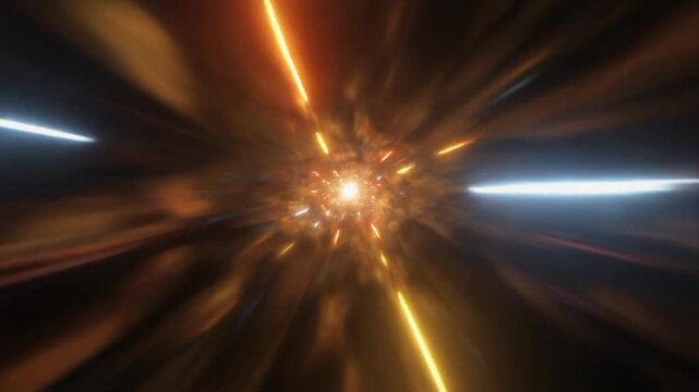 Dynamic abstract light streaks creating a futuristic tunnel. Concept of speed, time travel, and hyperspace warp in space.