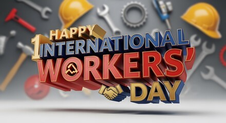 Happy international workers day 3d text with tools and hard hats