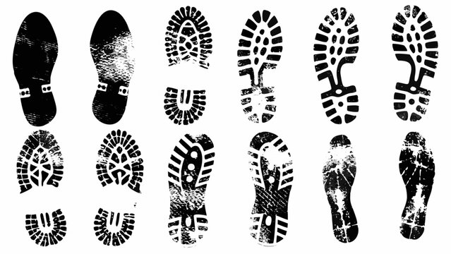 Collection of black and white shoe sole impressions arranged in rows