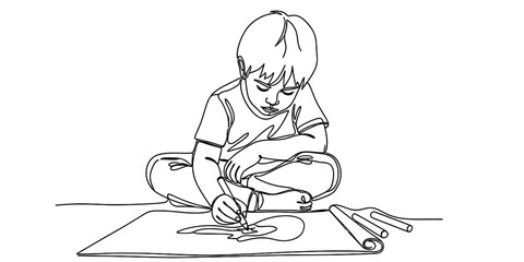 Obraz premium A black and white line drawing of a young boy sitting on the floor while drawing with a marker