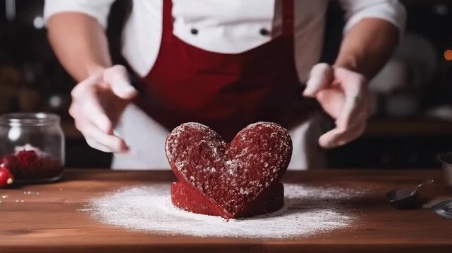 Male confectioner decorating tasty chocolate cake in kitchen. Man chef makes heart shape cake. Valentines day greeting video with copy space. Food, dessert and cook preparing for Valentines day.