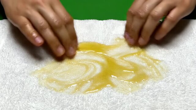 Close Up Of Hands Gently Spreading Yellow Oil On White Textured Towel With Green Screen Background
