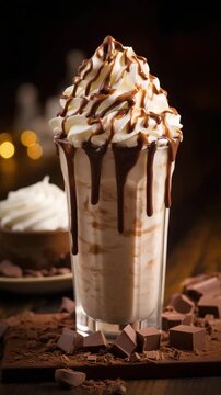 Sweet Milkshake with caramel syrup,cream liqueur and chocolate powder on brown background. Scrumptious hot chocolate milkshake with rich whipped cream topping.