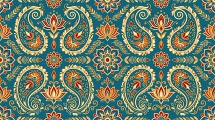 Fototapeta premium Ornate paisley and floral seamless textile pattern on teal background.