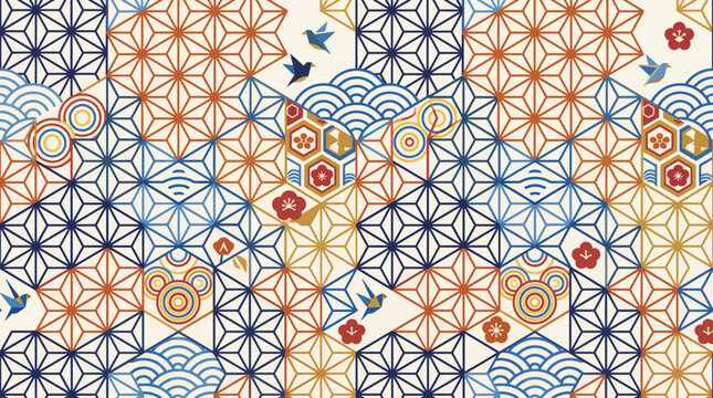 Traditional Japanese seamless pattern with floral and geometric motifs.