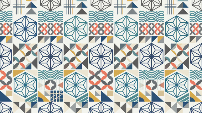 Colorful geometric ceramic tile mosaic pattern with vintage ornamental motifs.