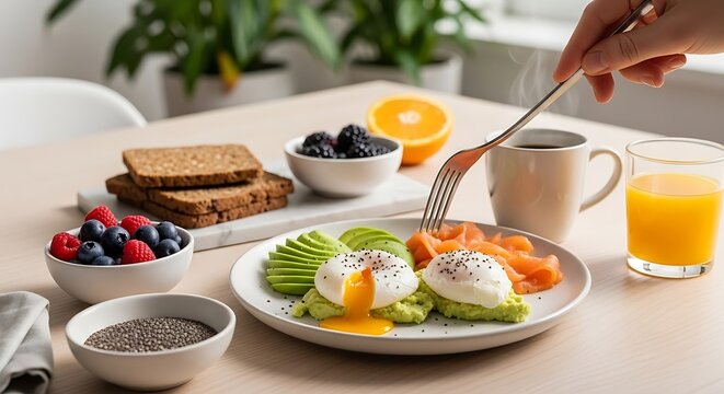 Healthy Breakfast Plate: Poached Eggs, Avocado, Smoked Salmon, Berries, Toast, Coffee