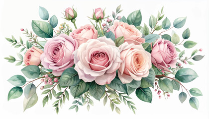 Fototapeta premium Symmetric pastel roses with budding stems and fresh greenery. Wedding ready arrangement for romantic branding and decor. Elegant blossom composition offering soft luxury on white