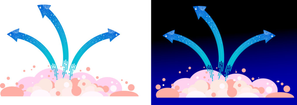 Vector illustration set of three blue arrows shooting out from abstract clouds. Clean path, editable design with copy space.