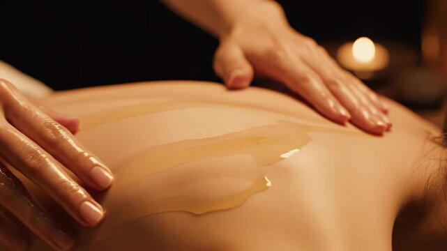 Close up of Hands Performing Oil Massage on Back in Warm Candle Lit Spa Room