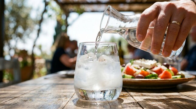 Pouring ouzo over ice creating a milky louche effect on a sunny summer table.
