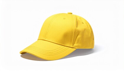 Fototapeta premium A vibrant yellow baseball cap displayed on a clean white background, perfect for fashion and sports apparel