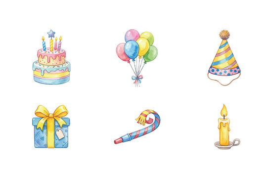 Watercolor Birthday Celebration Icon Set on White Background