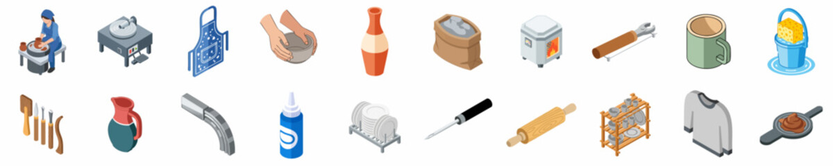 Fototapeta premium Isometric Collection of Pottery Studio Icons and Ceramic Making Equipment