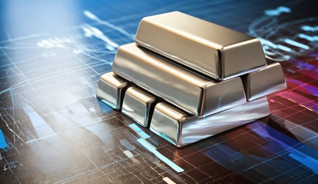 Shiny silver bars stacked on a digital financial graph background symbolizing investment and market trends.
