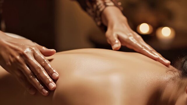 Close Up Of Javanese Therapist Palms Performing Long Gliding Strokes On Oiled Back With Candles In Soft Background