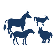 Obraz premium Silhouette collection of farm animals in dark blue on black background illustration