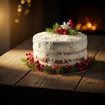 Delicious Christmas Cake on Wooden Table with Berries and Evergreen