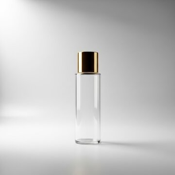 Clear Rectangular Bottle with Golden Cap Against a Light Gray