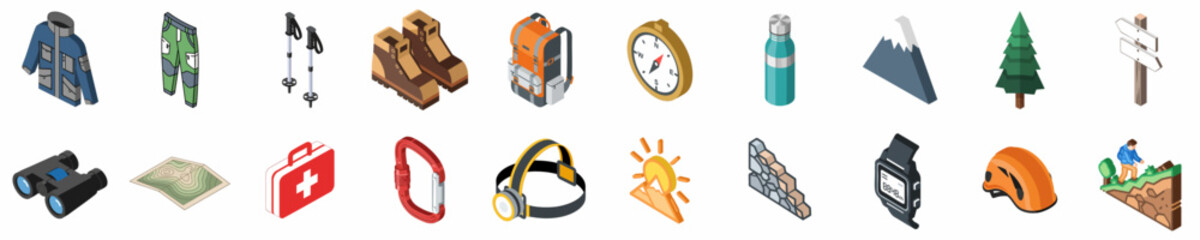 Isometric Hiking and Mountaineering Icons Set for Outdoor Adventures and Trekking Gear © Asep