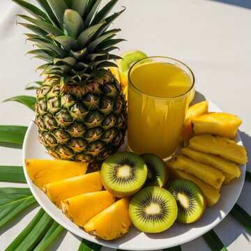 Assorted Fresh Tropical Fruit Plate with Juice on White Table