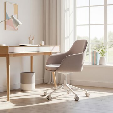 Minimalist Home Office with Gray Chair and Wooden Desk Sunlight
