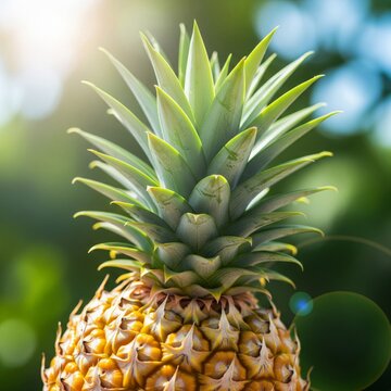 Close Up Pineapple Top Against Blurred Green and Blue Background