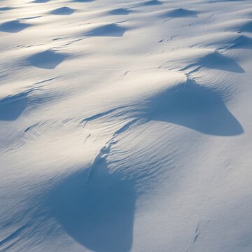 Snow Surface with Textured Ridges and Shadows in Sunlight