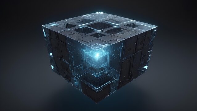 Futuristic cube with glowing blue light, abstract technology concept, dark background, science fiction, digital art