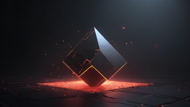 A mysterious dark geometric artifact emits vibrant energy, illuminating its surroundings and interacting with a fiery, molten surface in a futuristic, abstract digital render