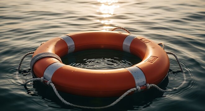 A floating orange life preserver, reflecting sunlight on rippling water