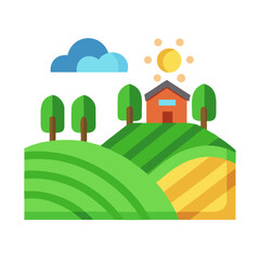 Fototapeta premium Flat style illustration of a farm landscape with fields, trees and a house.