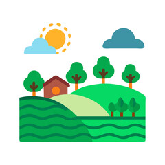 Fototapeta premium Rural landscape with house trees sun and fields in simple flat vector style