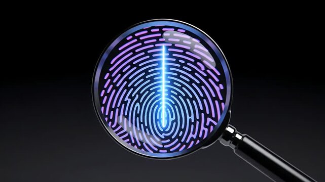 A magnifying glass reveals a glowing blue digital fingerprint pattern on a dark background.
