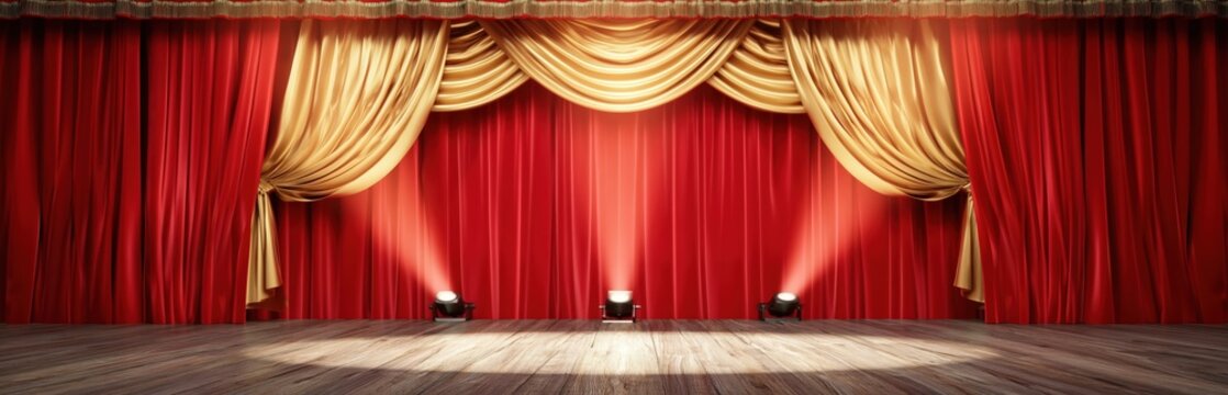 A classic stage with rich red curtains, elegant golden drapes, wooden floorboards, and three spotlights casting beams upward.