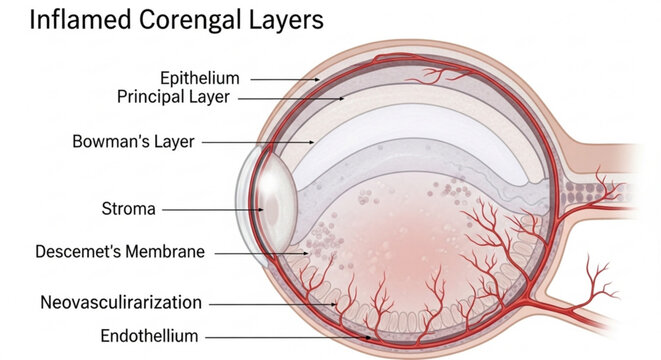 Detailed clinical diagram of inflamed corneal layers showing neovascularization and anatomical structure of human eye