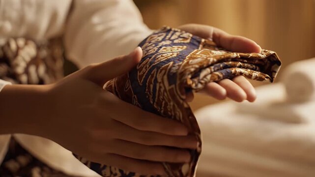 Close up of therapist hands drying with ornate batik cloth in a spa environment soft focus background warm lighting
