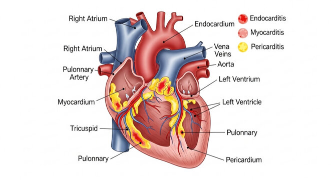 Educational medical diagram of a human heart with labels identifying endocarditis, myocarditis, and pericarditis