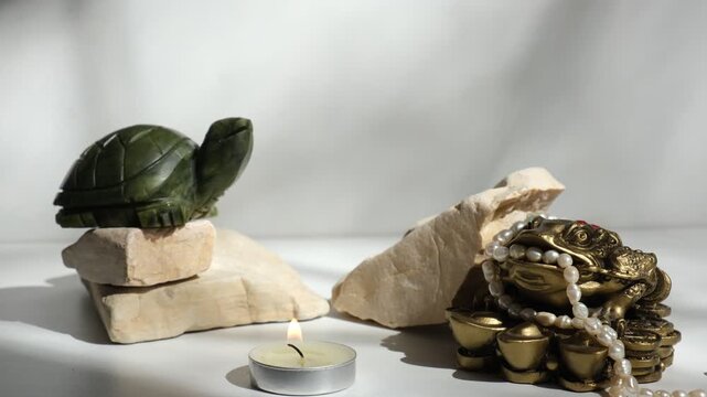 Jade turtle on stone podium, mascot symbolizing prosperity, success and longevity. The Money Frog, Three-Legged Toad or Chan Chu, charm. Wealth, prosperity. Attract financial opportunities. Candleligh