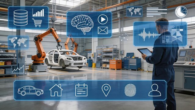 Engineer using digital tablet and augmented reality interface to control robotic arms in smart factory automotive assembly line industrial automation data analytics artificial