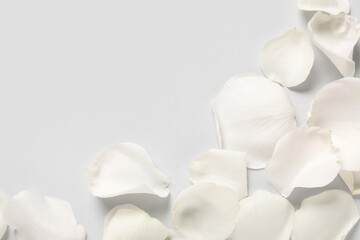 Naklejka premium Beautiful white rose petals on grey background