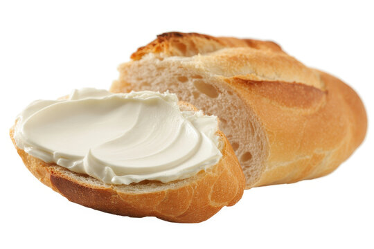 Crusty bread slice topped with smooth cream cheese spread isolated on a plain white background