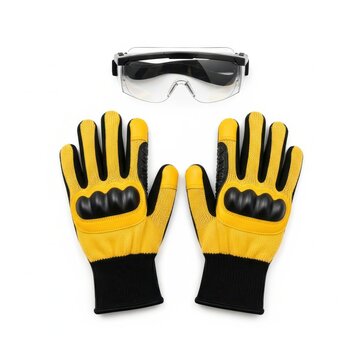 Bright yellow safety gloves and protective goggles for workplace hazard protection