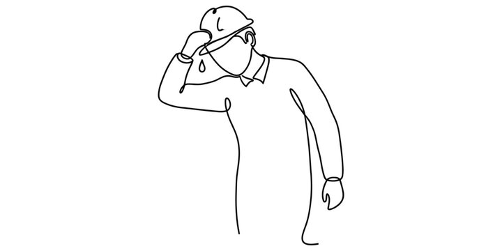 A single line drawing of a tired construction worker wiping sweat from their forehead with helmet