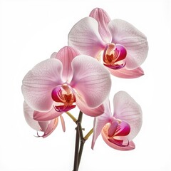 Obraz premium A branch with several soft pink orchids is presented against a bright white surface.