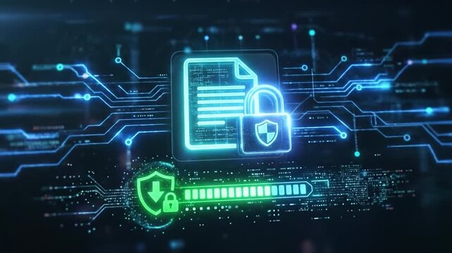 Digital document security shield padlock data protection cyber network encryption privacy access control file safety information technology system defense cybersecurity digital security document