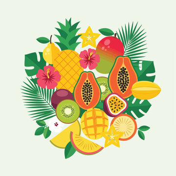 A colorful arrangement of tropical fruits and leaves