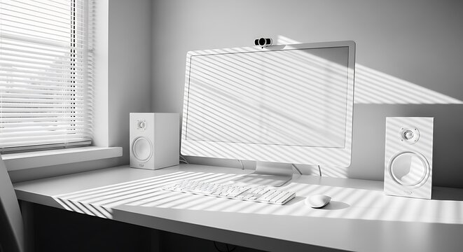 A monochrome workstation bathed in light and shadows. Desk, computer, speakers, window with blinds