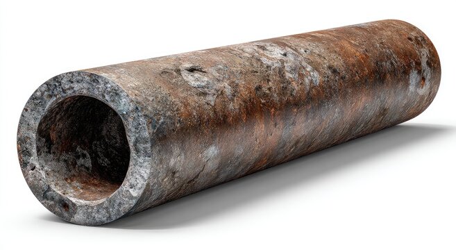 Aged, hollow pipe with rough, textured surface showing rust and decay