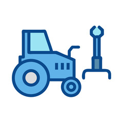 Naklejka premium Stylized blue tractor and agricultural machinery icon on a black background